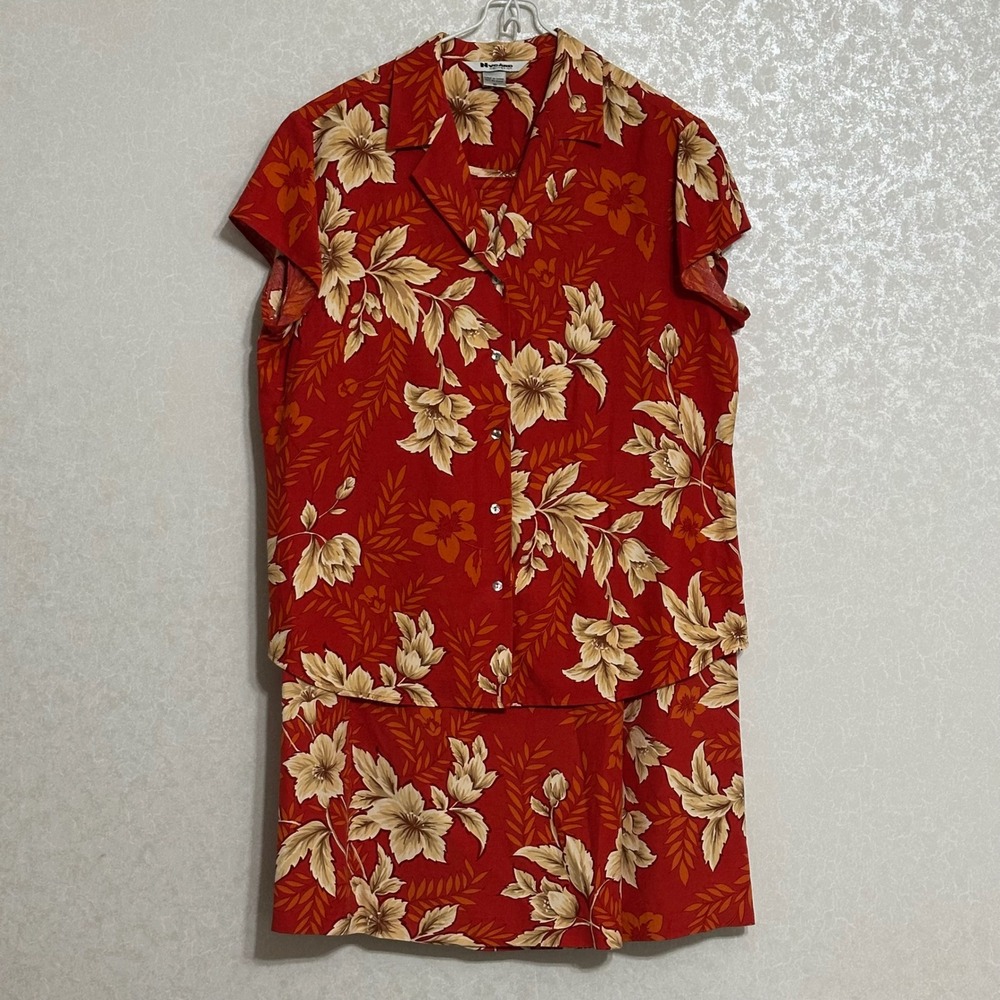 Nygard Collection Silk Linen Tropical Floral Skirt Shirt Set Red Cottagecore 16